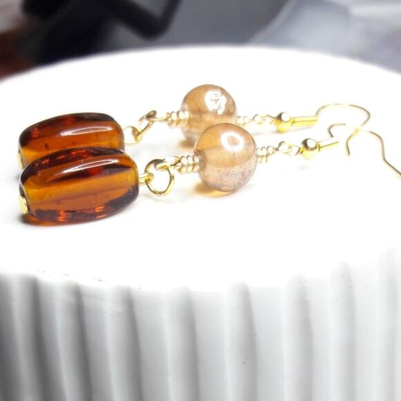 Artisan earrings 100# NEW bohemian Caramel Czech glass long drop earrings Gold - Picture 5 of 6